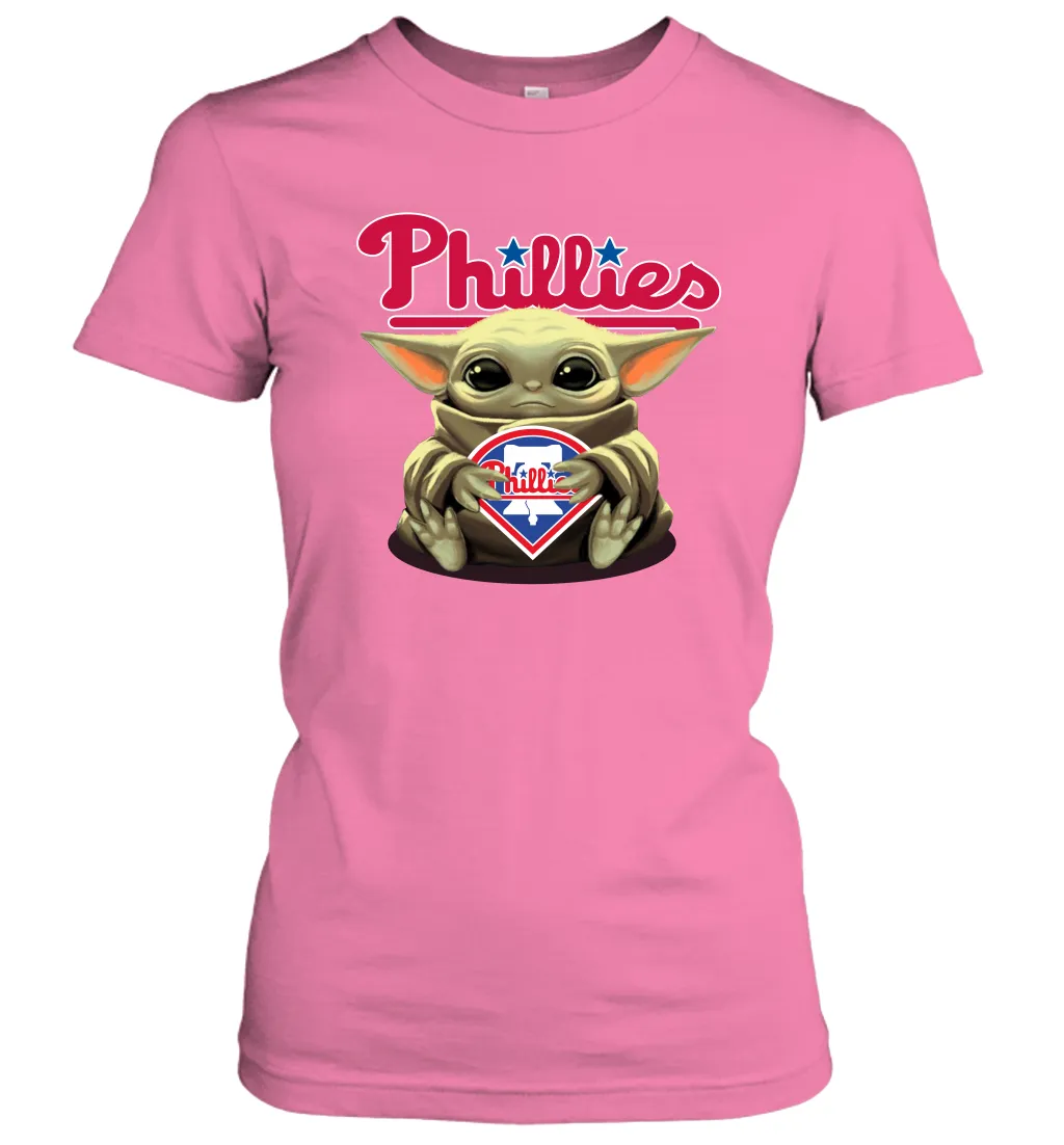 Baby Yoda Hugs Loves The Philadelphia Phillies Baseball Womens T-Shirt