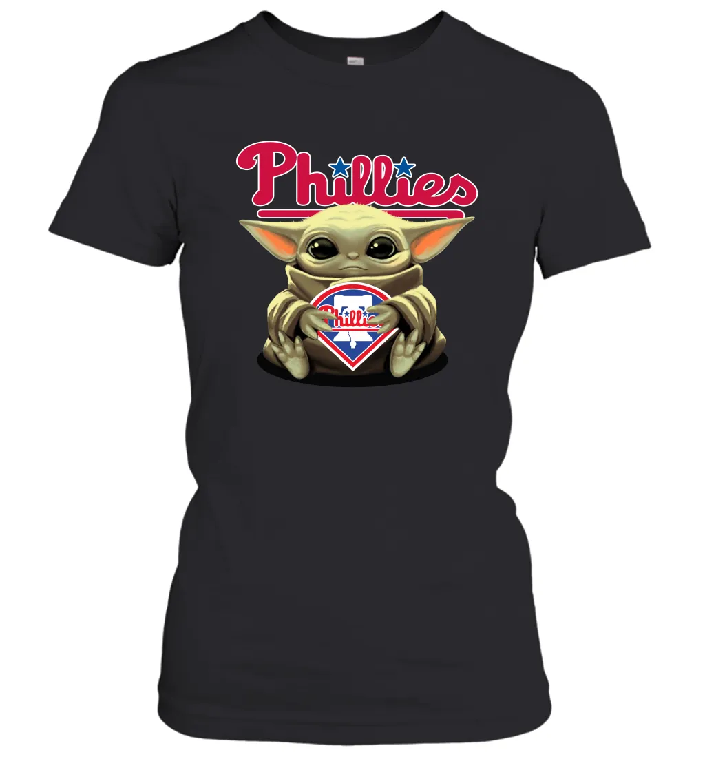 Baby Yoda Hugs Loves The Philadelphia Phillies Baseball Womens T-Shirt