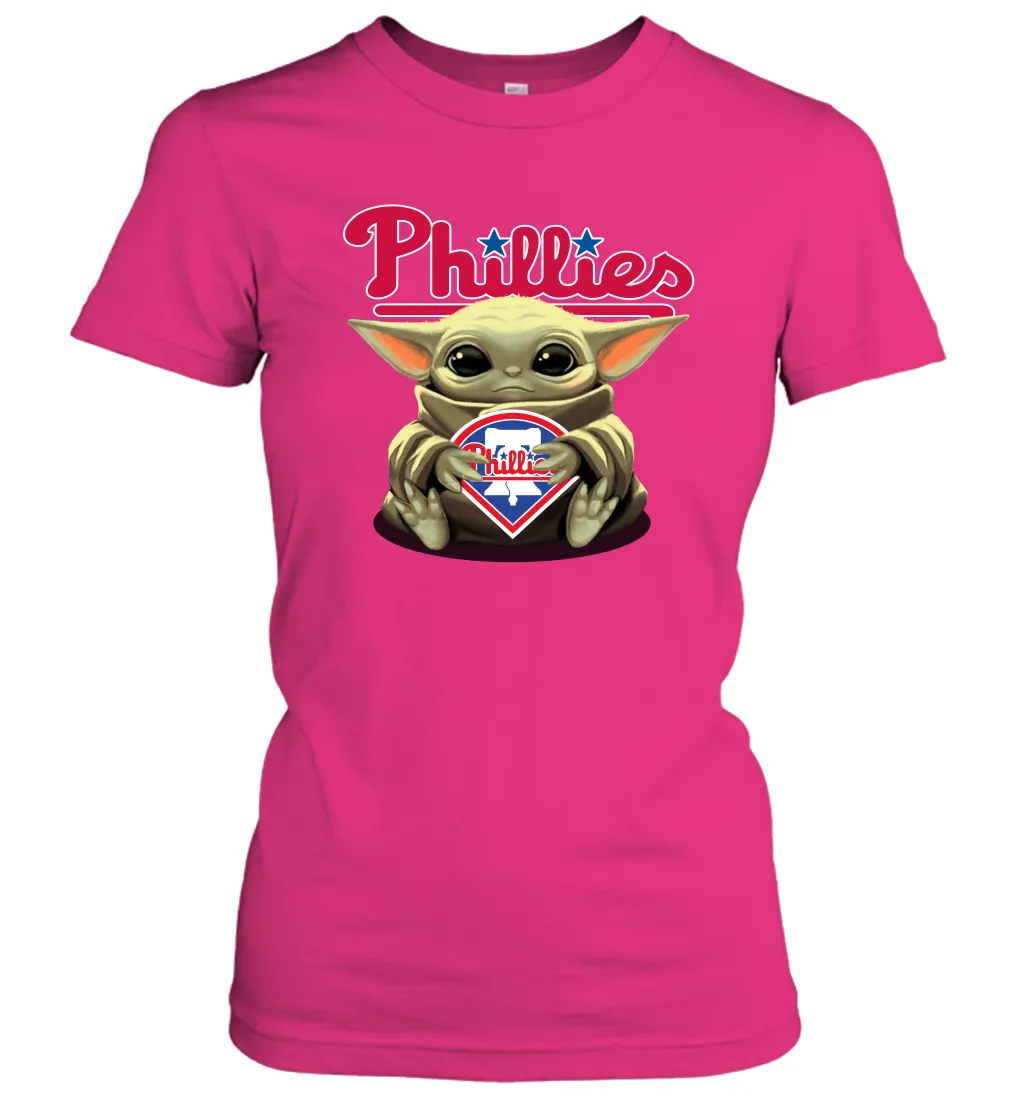 Baby Yoda Hugs Loves The Philadelphia Phillies Baseball Womens T-Shirt