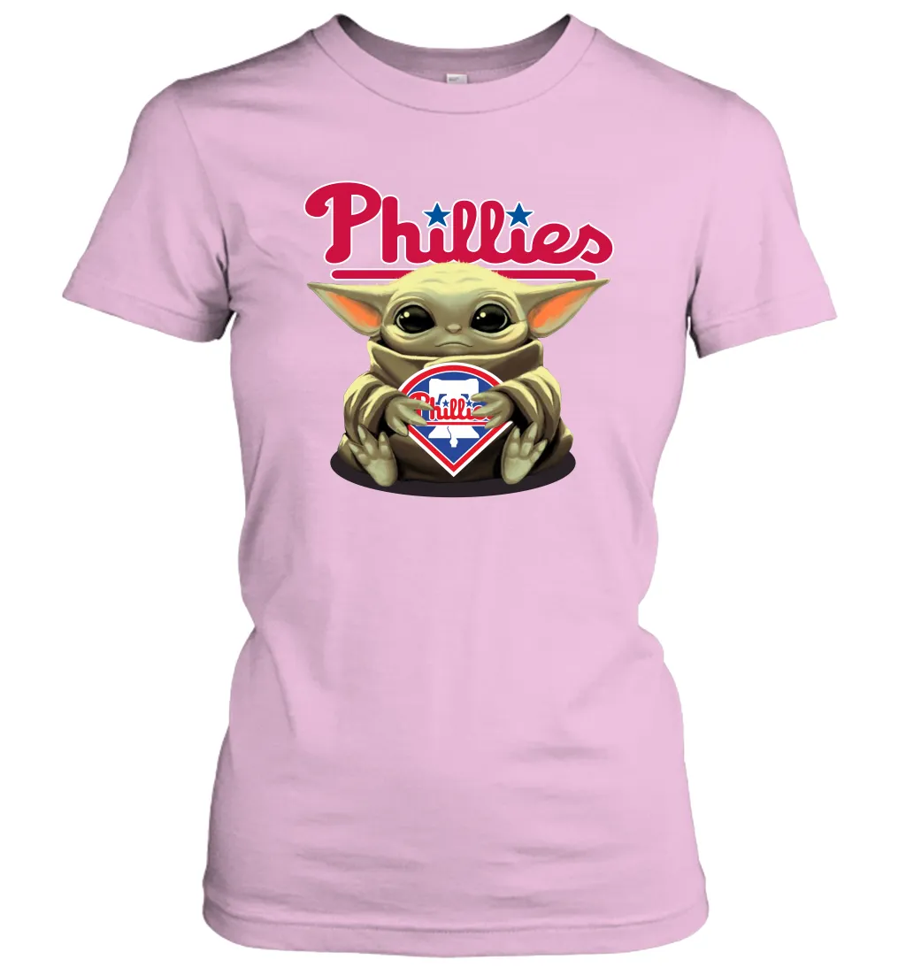 Baby Yoda Hugs Loves The Philadelphia Phillies Baseball Womens T-Shirt