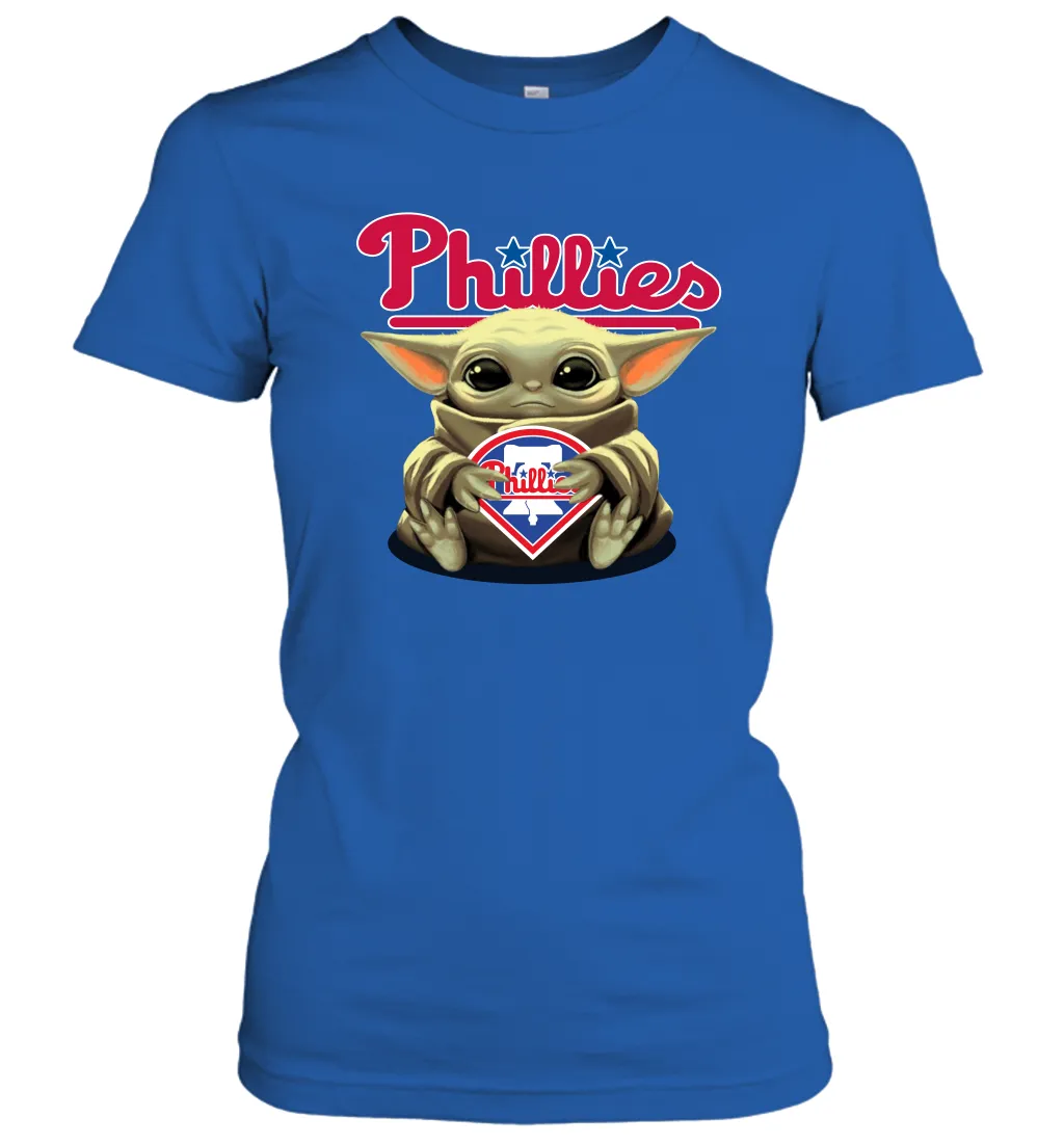 Baby Yoda Hugs Loves The Philadelphia Phillies Baseball Womens T-Shirt