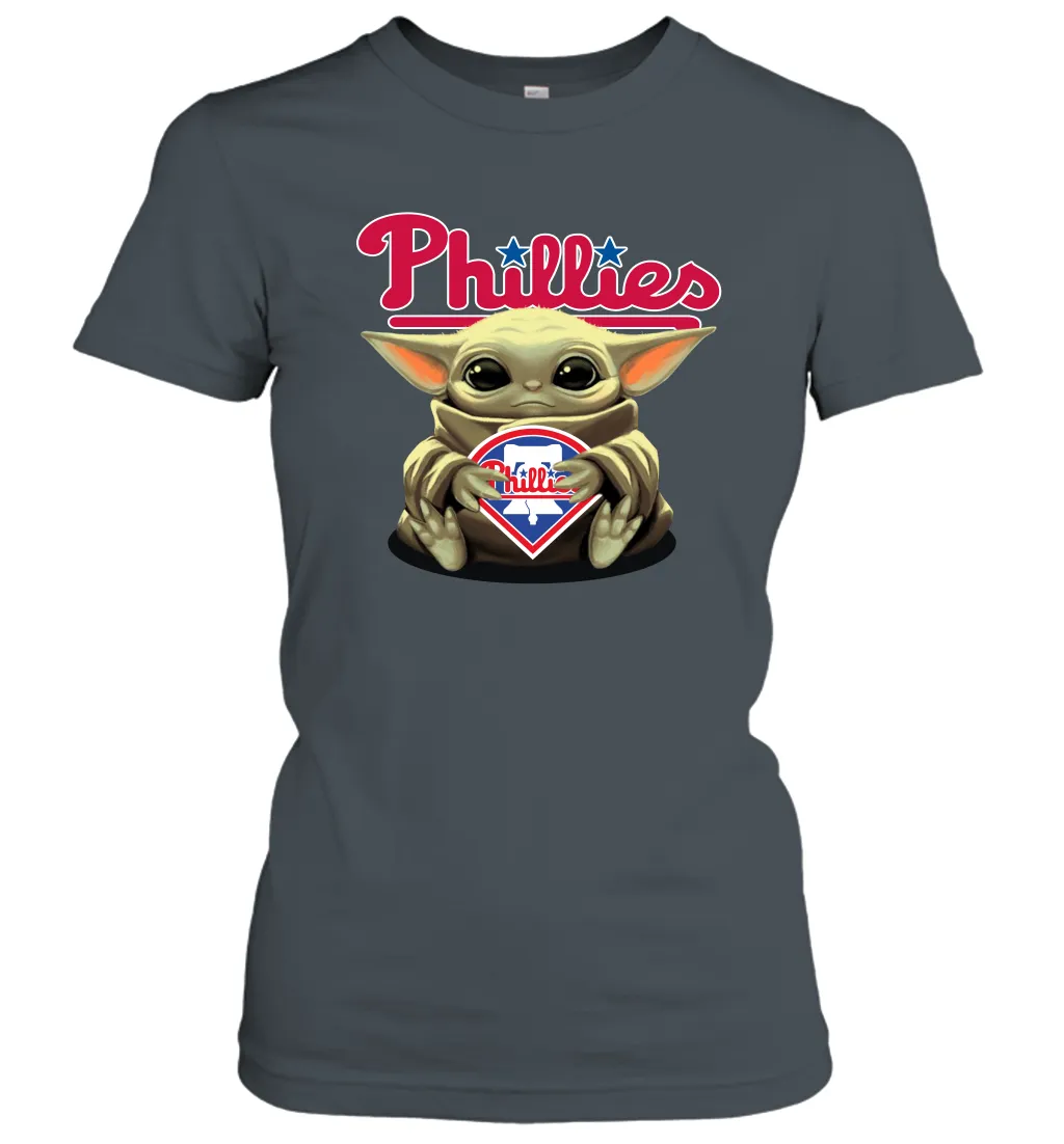 Baby Yoda Hugs Loves The Philadelphia Phillies Baseball Womens T-Shirt