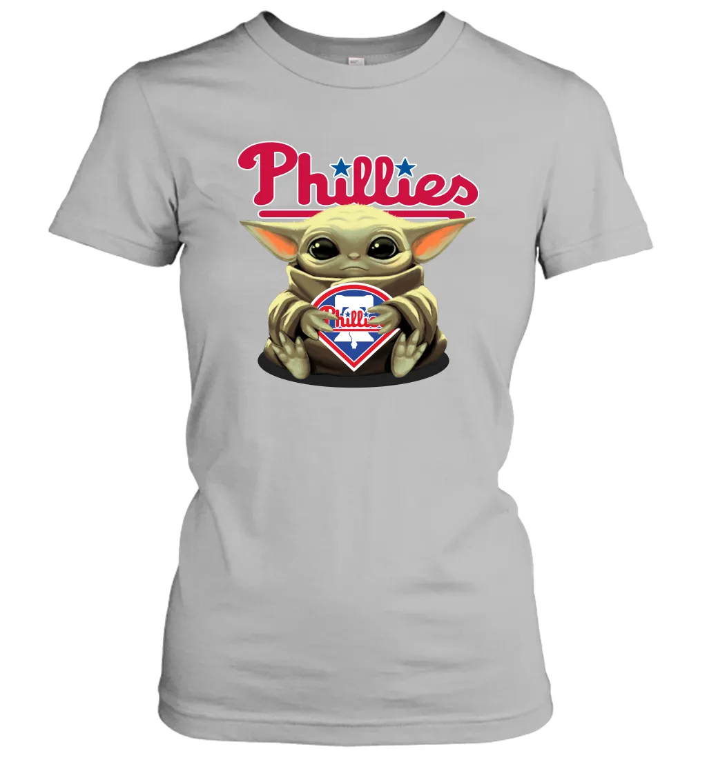 Baby Yoda Hugs Loves The Philadelphia Phillies Baseball Womens T-Shirt