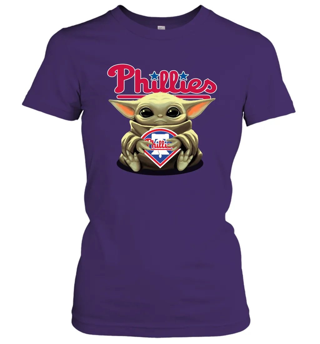 Baby Yoda Hugs Loves The Philadelphia Phillies Baseball Womens T-Shirt