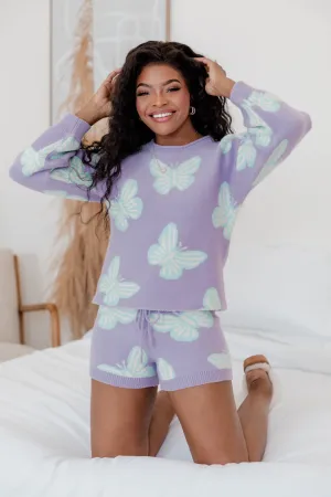 Beautiful Dreams Purple and Blue Butterfly Printed Two-Piece Lounge Set FINAL SALE