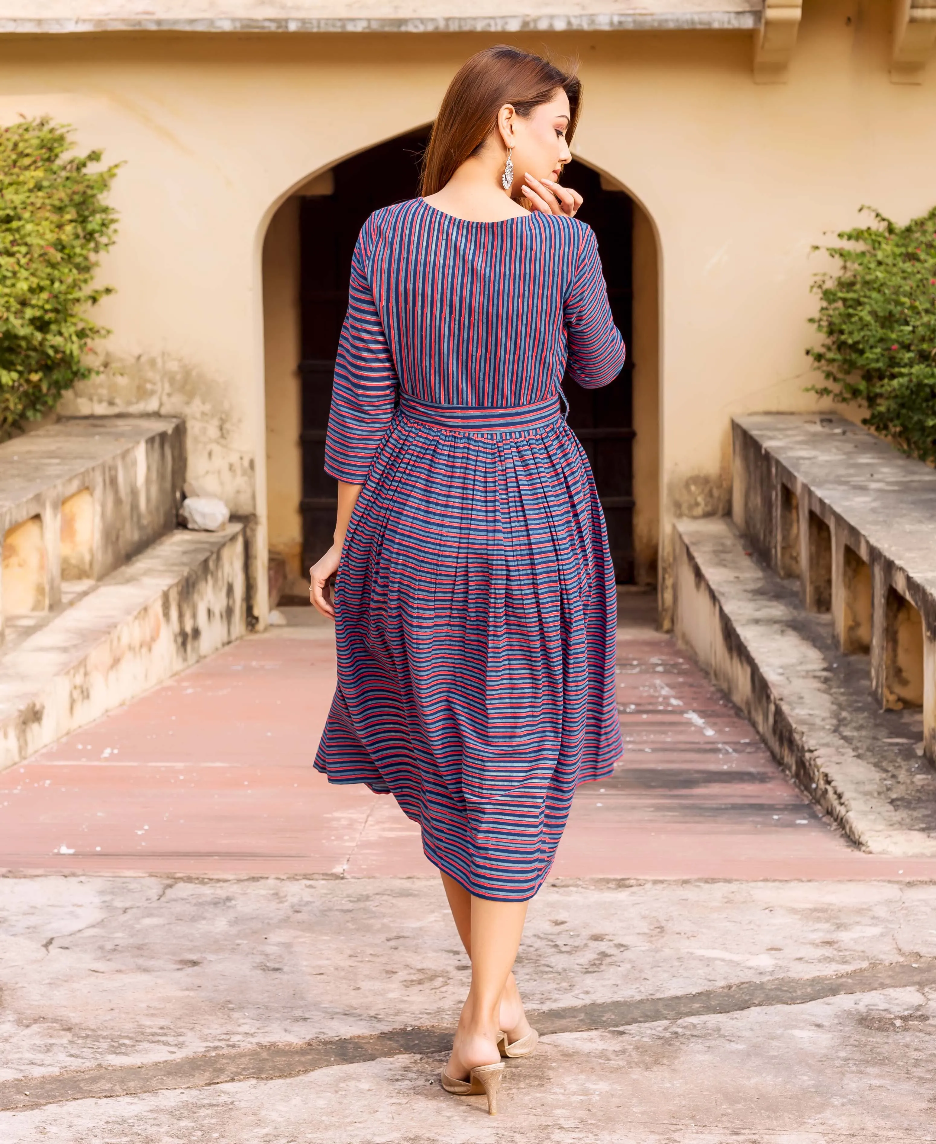 Blue Hand Block Printed Drop Waist Dress