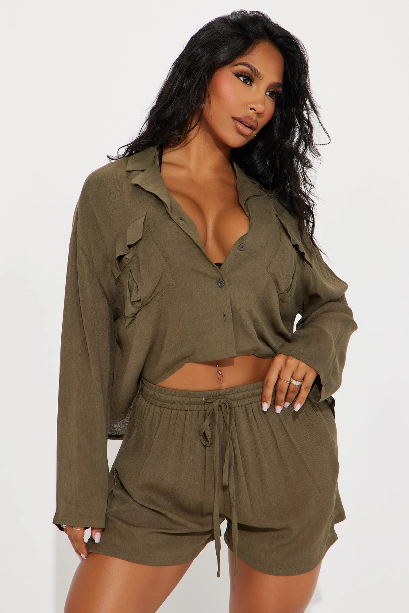 Breezy Paradise Linen Pocket Cover Up Shorts Set - Olive