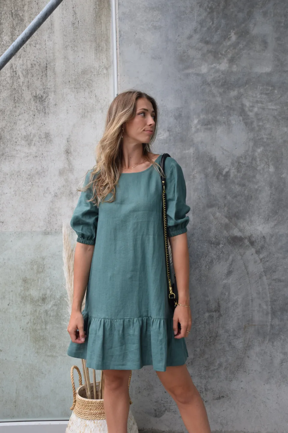 California Forest Frill Hem Puff Sleeve Linen Shift Dress