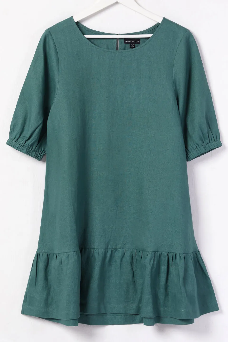 California Forest Frill Hem Puff Sleeve Linen Shift Dress