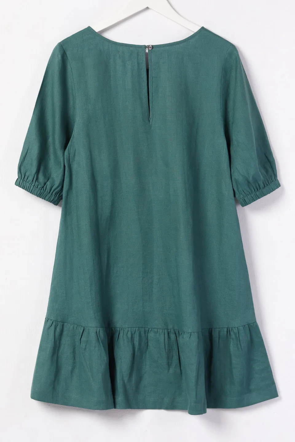 California Forest Frill Hem Puff Sleeve Linen Shift Dress