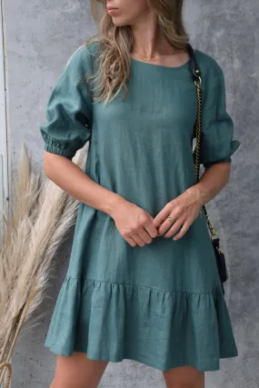 California Forest Frill Hem Puff Sleeve Linen Shift Dress