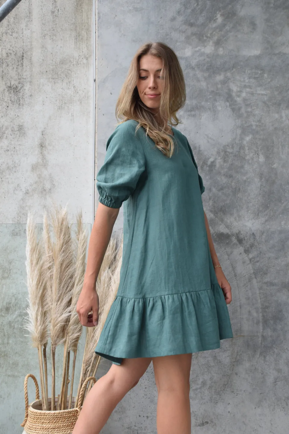 California Forest Frill Hem Puff Sleeve Linen Shift Dress