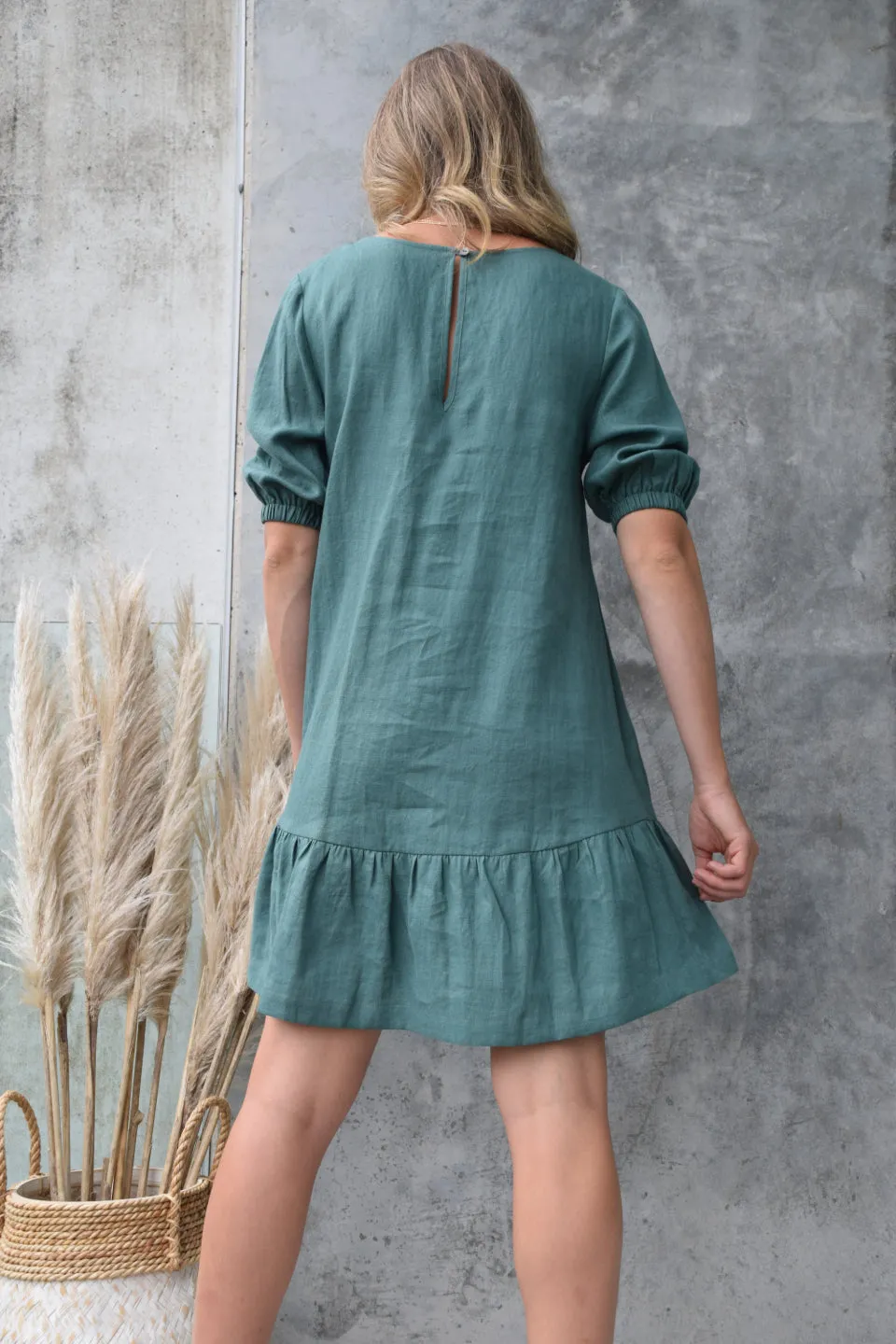 California Forest Frill Hem Puff Sleeve Linen Shift Dress