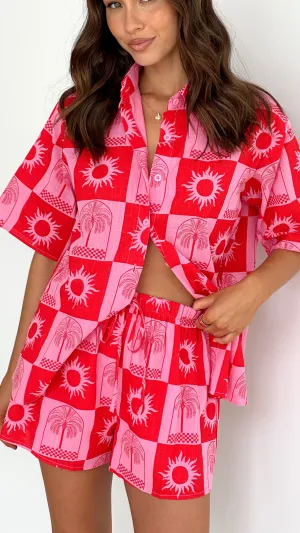 Charli Button Up Shirt and Shorts - Pink/Red Sun Palm Checkers Print