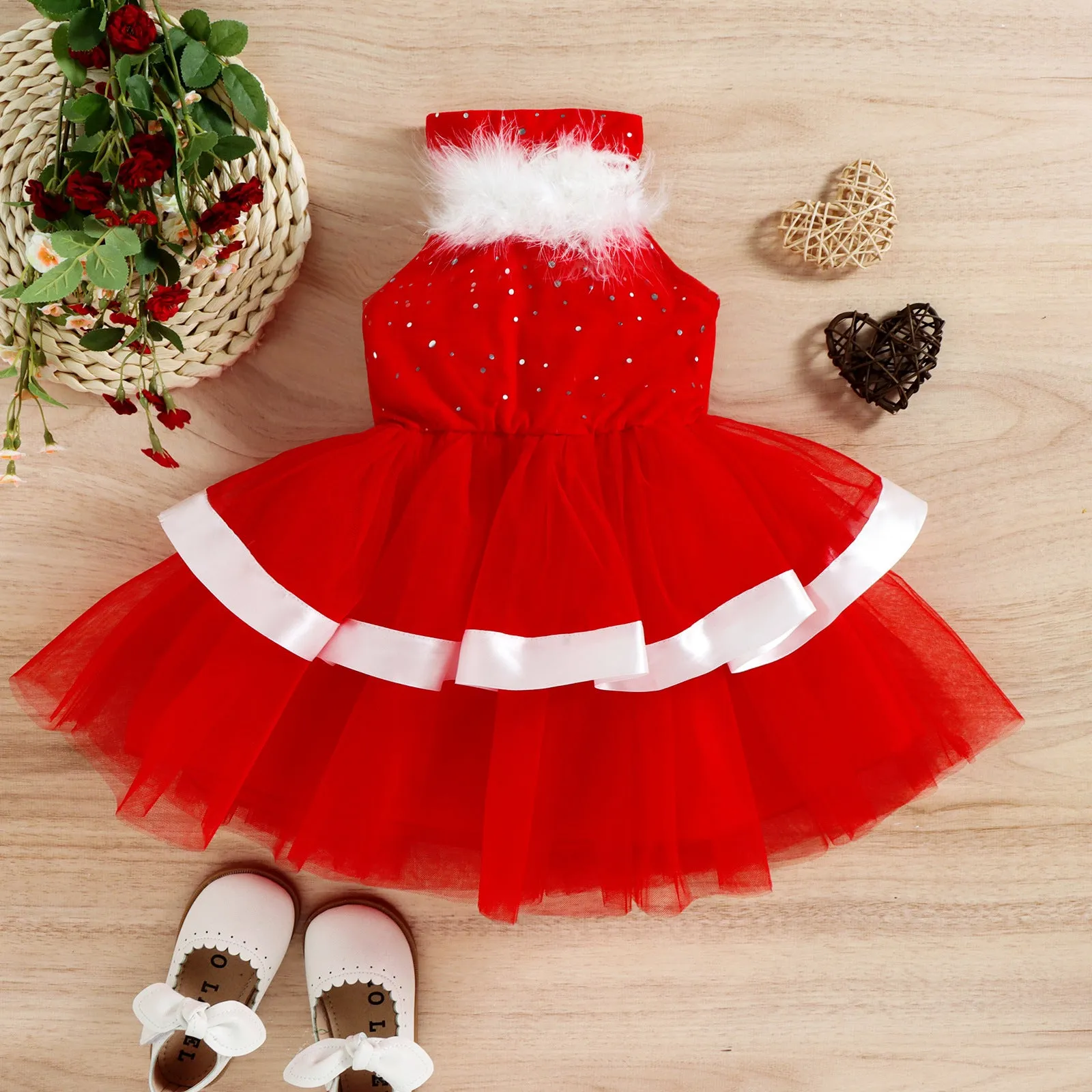 Christmas Princess Dresses Female Baby Mesh Hanging Neck Puffy Dress