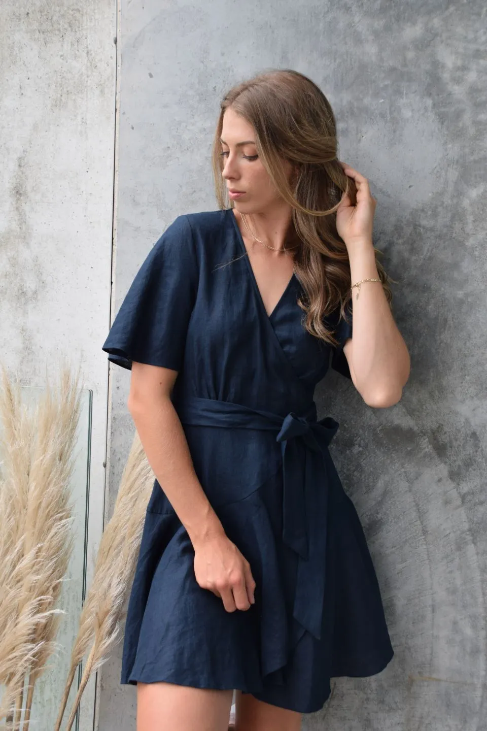 Confidence Navy Flutter Sleeve Linen Wrap Dress