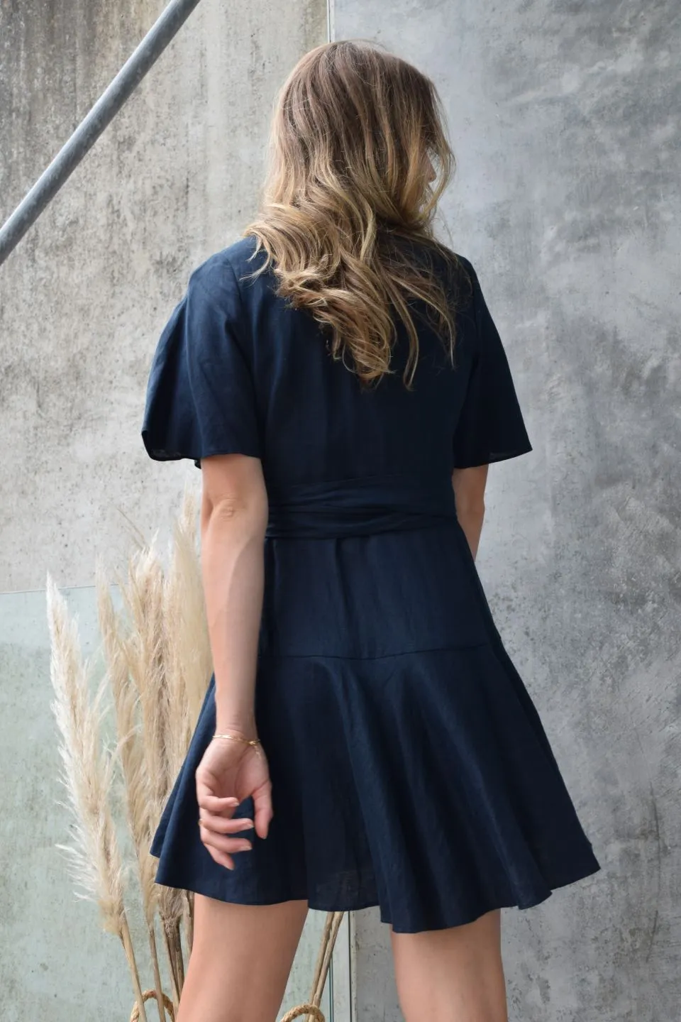 Confidence Navy Flutter Sleeve Linen Wrap Dress