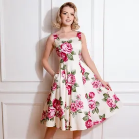 Cream Rose Floral Print Sleeveless Rockabilly 50s Swing Dress