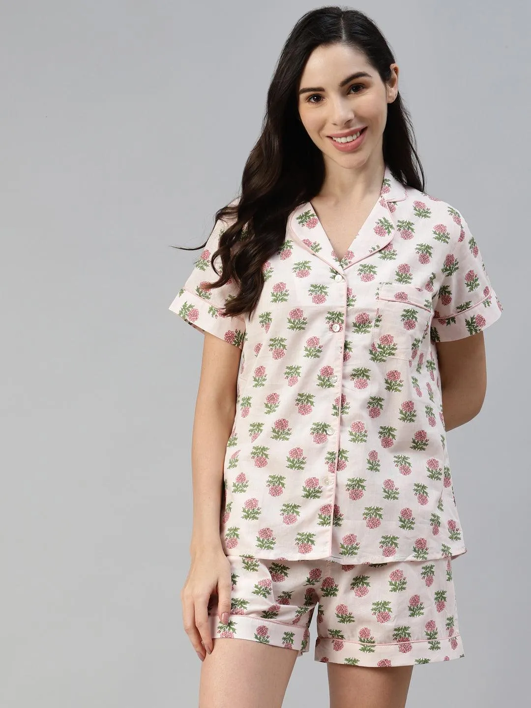 Divena  Baby pink Cotton Floral Print Night Suit