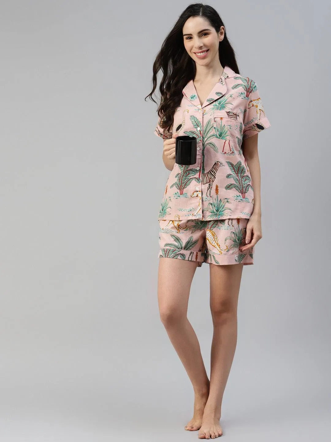 Divena  Pink Cotton Floral Print Night Suit