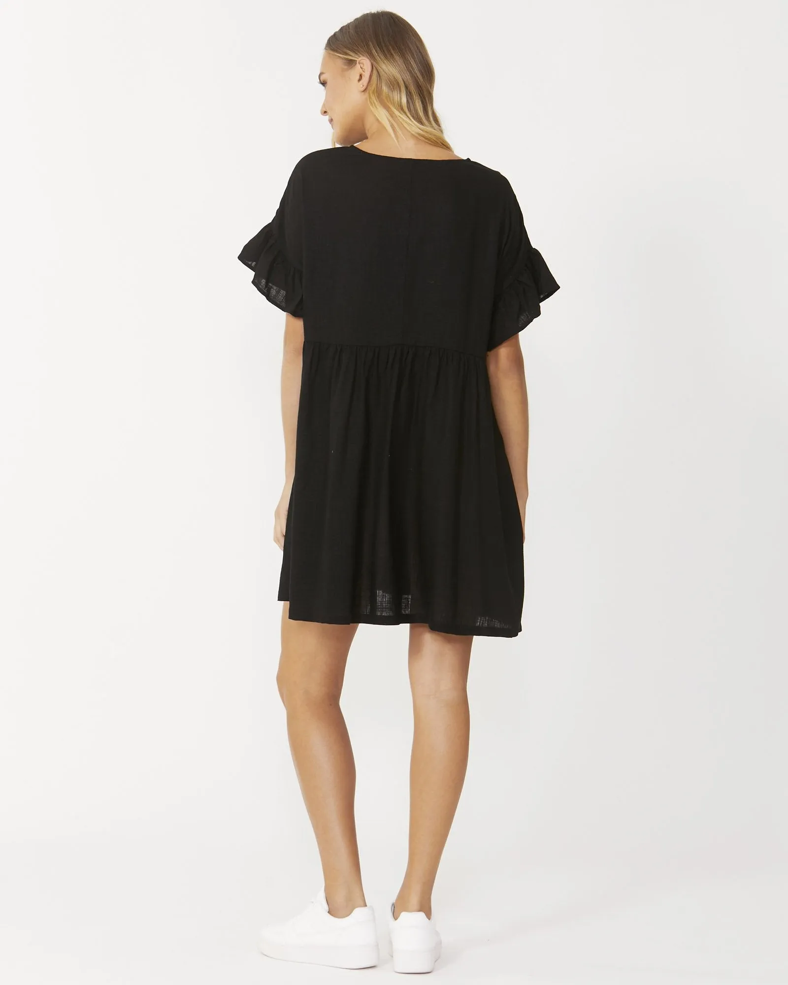 Eadie Black Linen Flutter Sleeve Tiered Mini Smock Dress