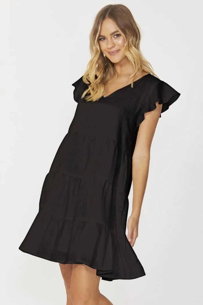 Eadie Black Linen Flutter Sleeve Tiered Mini Smock Dress