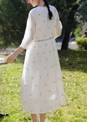 Elegant White Embroidered Button Linen Dress Spring CG1003