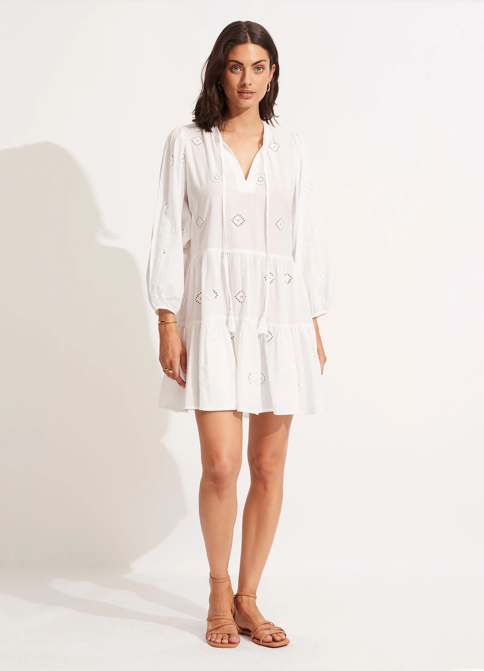 Embroidery Tiered Dress - White