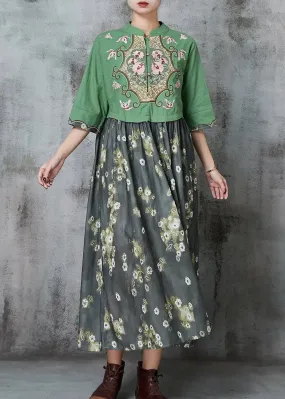 Fine Green Embroidered Patchwork Cotton Vacation Dresses Summer JK1043