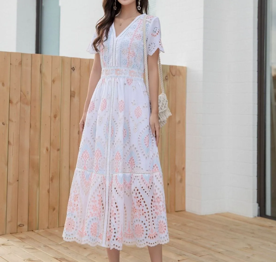 French Eyelet Cotton Maxi Dress, Pastel Pink