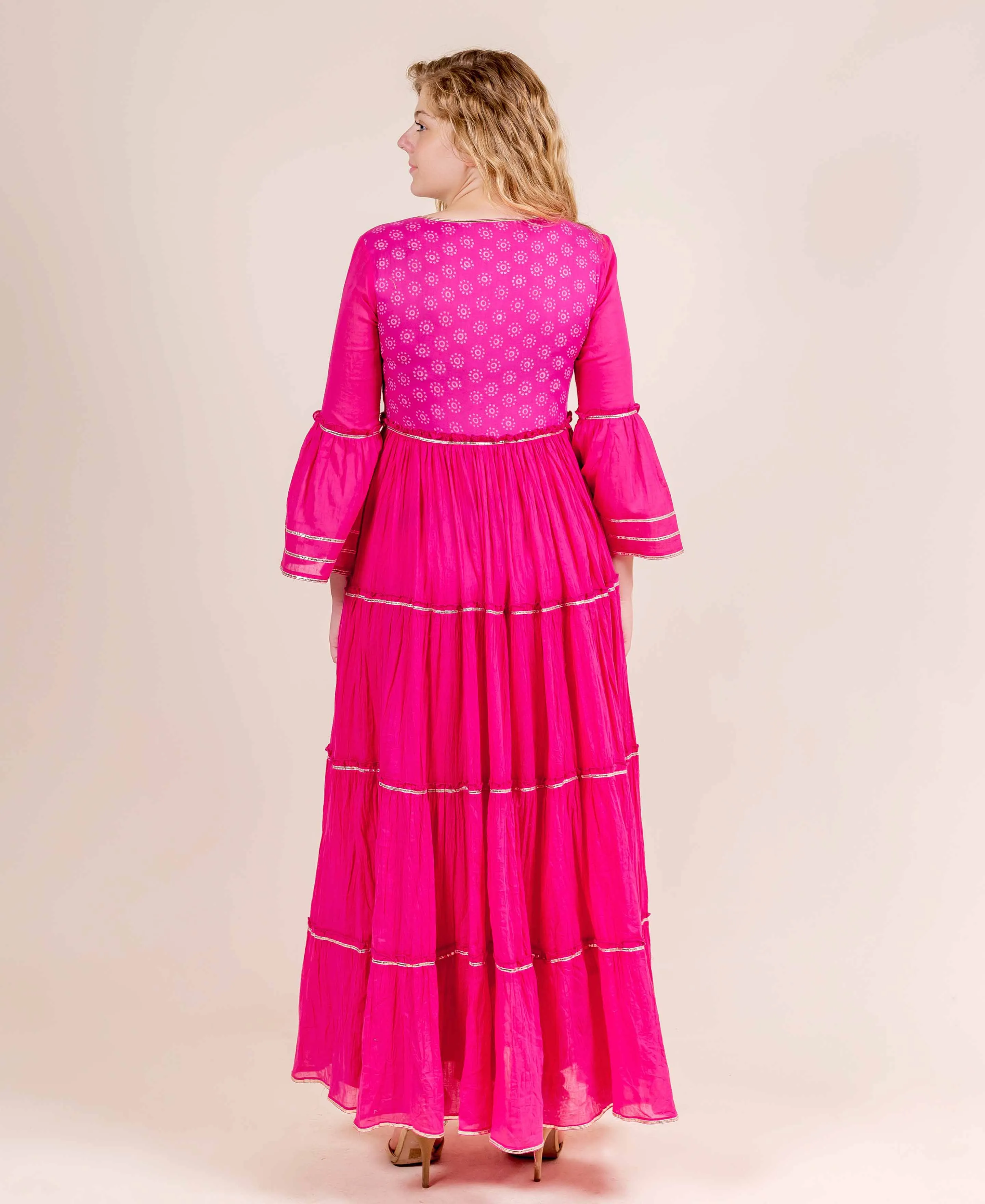 Fuchsia Full Bell Sleeves with Gota Trim Cotton Dress