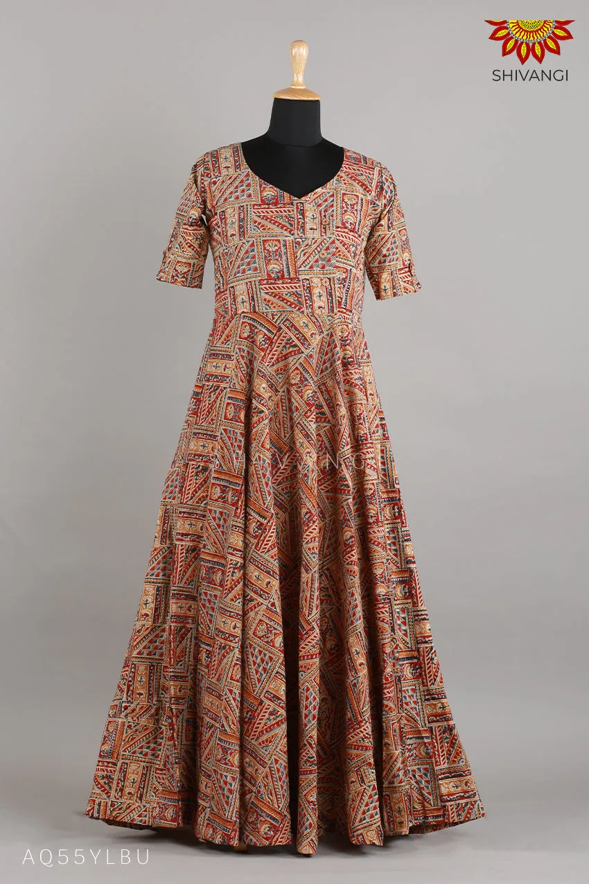 Girls  Yellow Blue Kalamkari Slope Long gown!!!