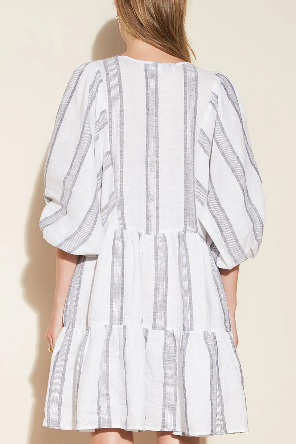 Glee Crop Sleeve White Stripe Mini Linen Shift Dress