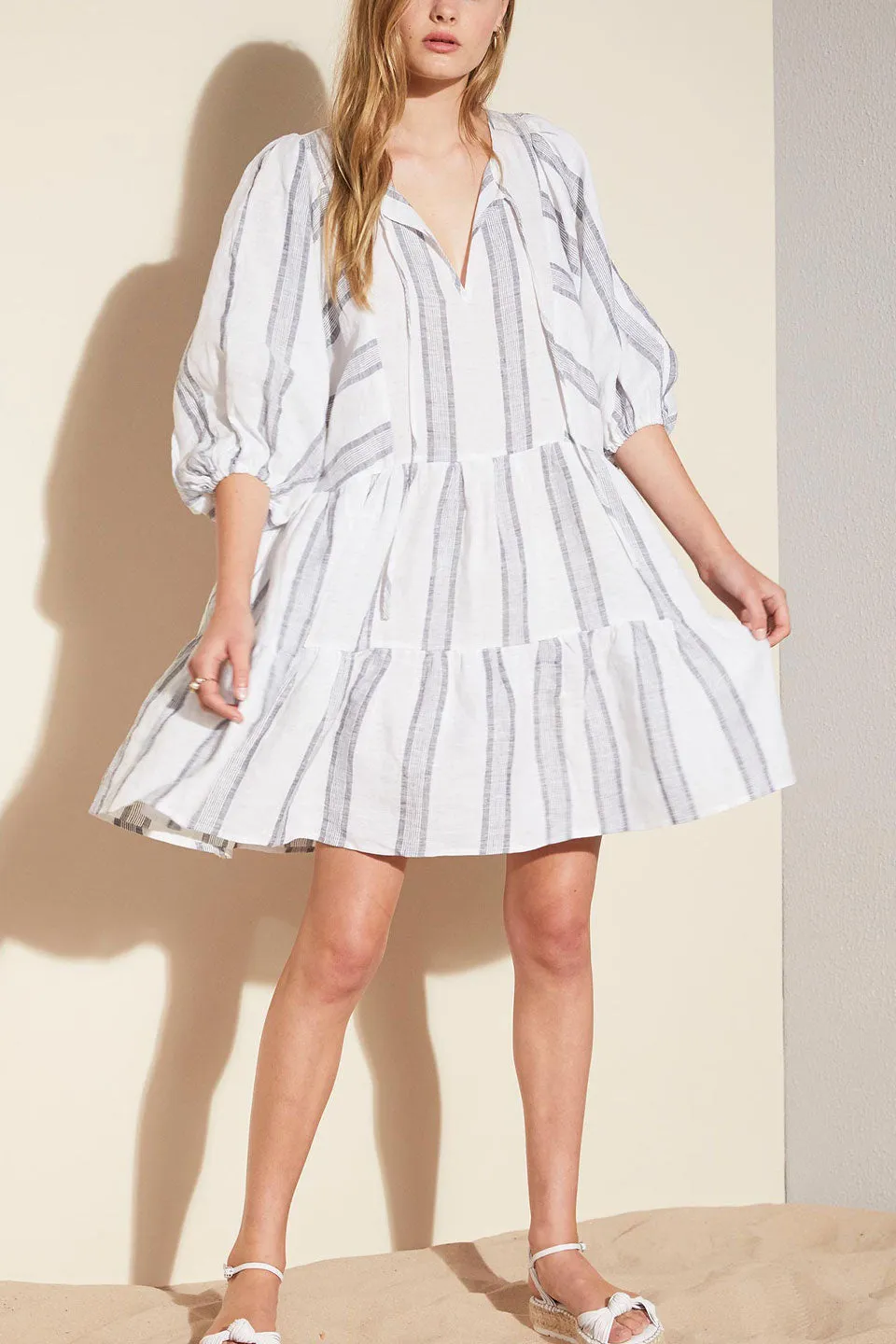 Glee Crop Sleeve White Stripe Mini Linen Shift Dress