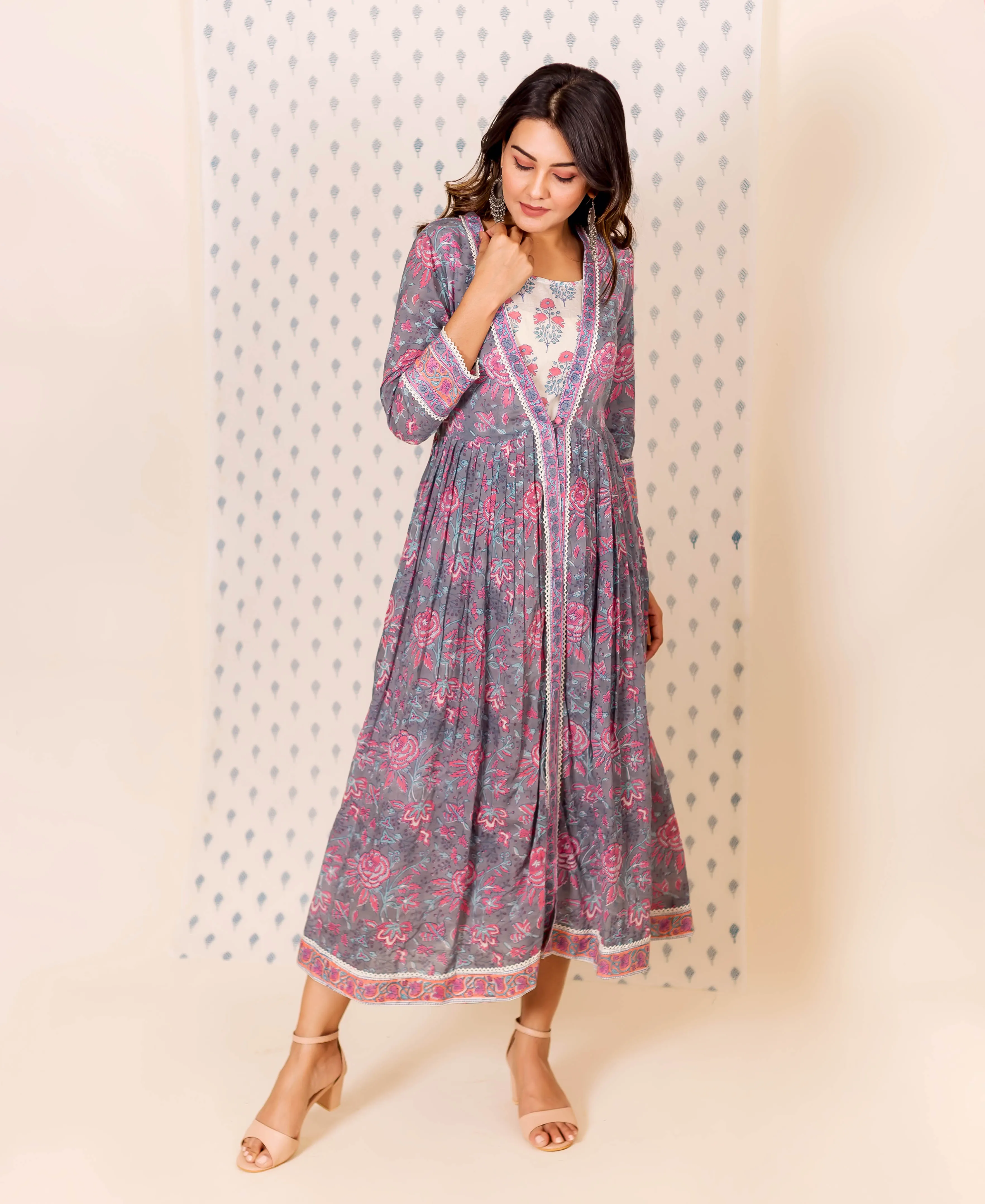 Grey and Pink Hand Block Printed Dress with Inner