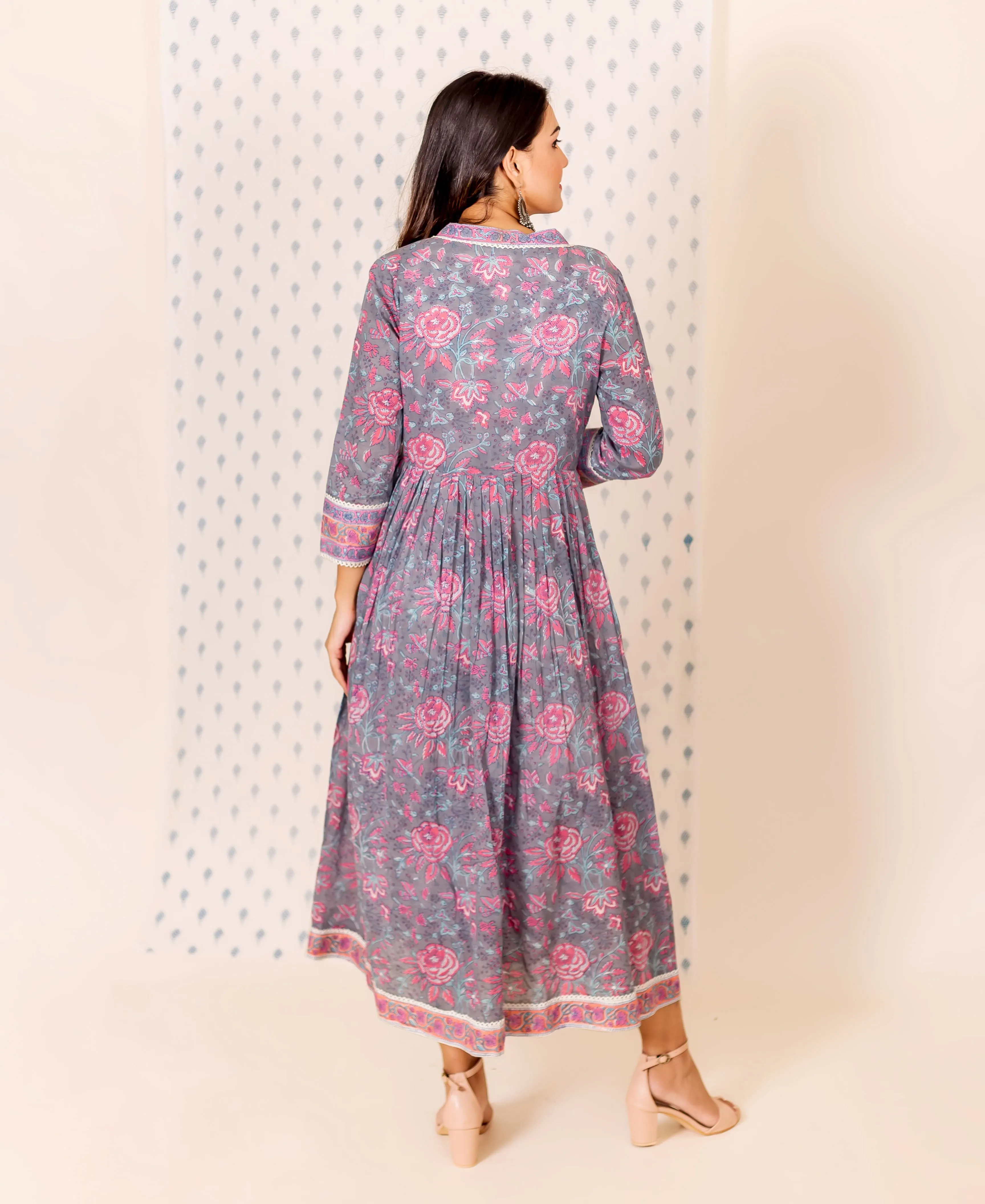 Grey and Pink Hand Block Printed Dress with Inner