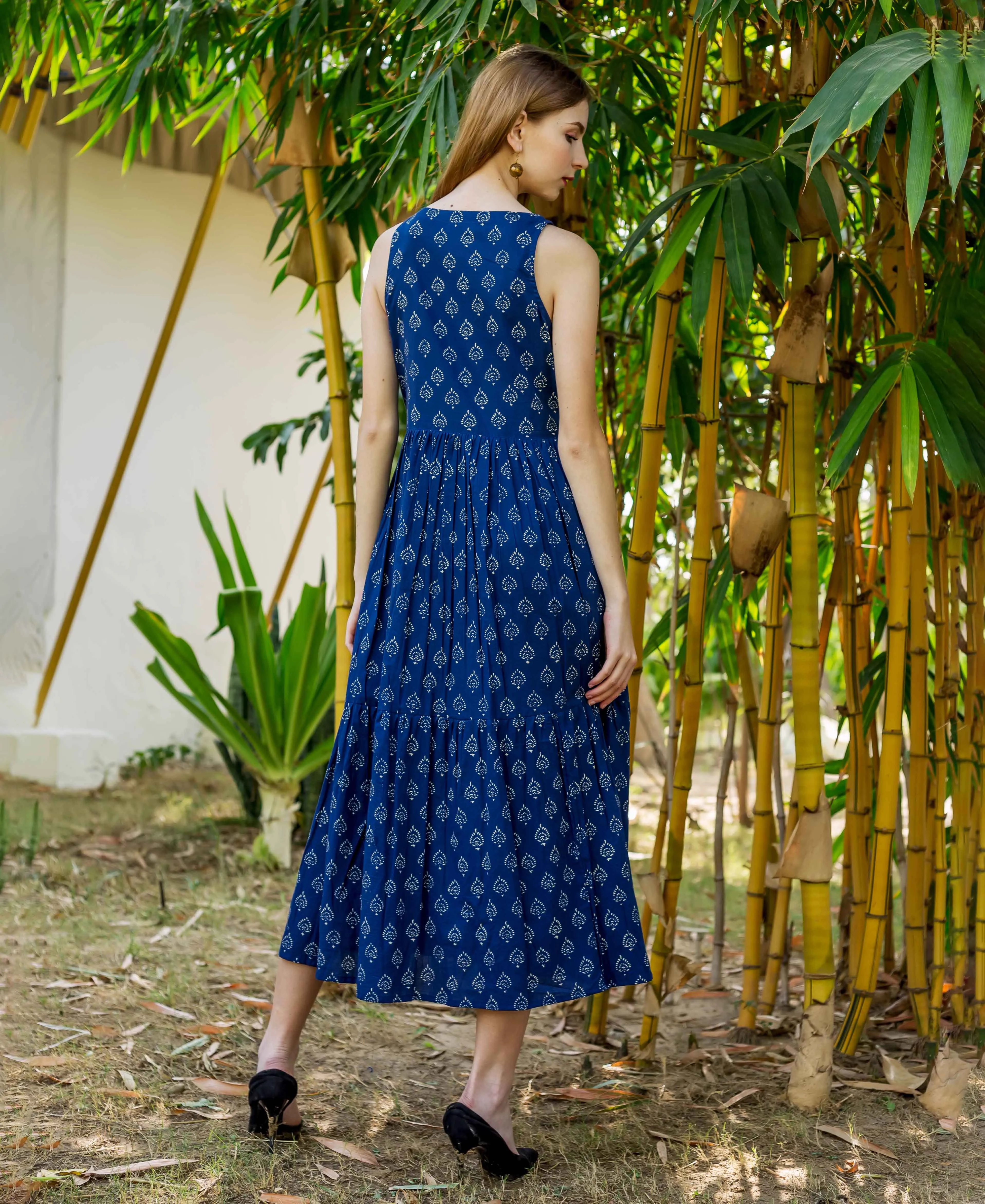 Indigo Hand Block Printed Sleeveless Tiered Dress