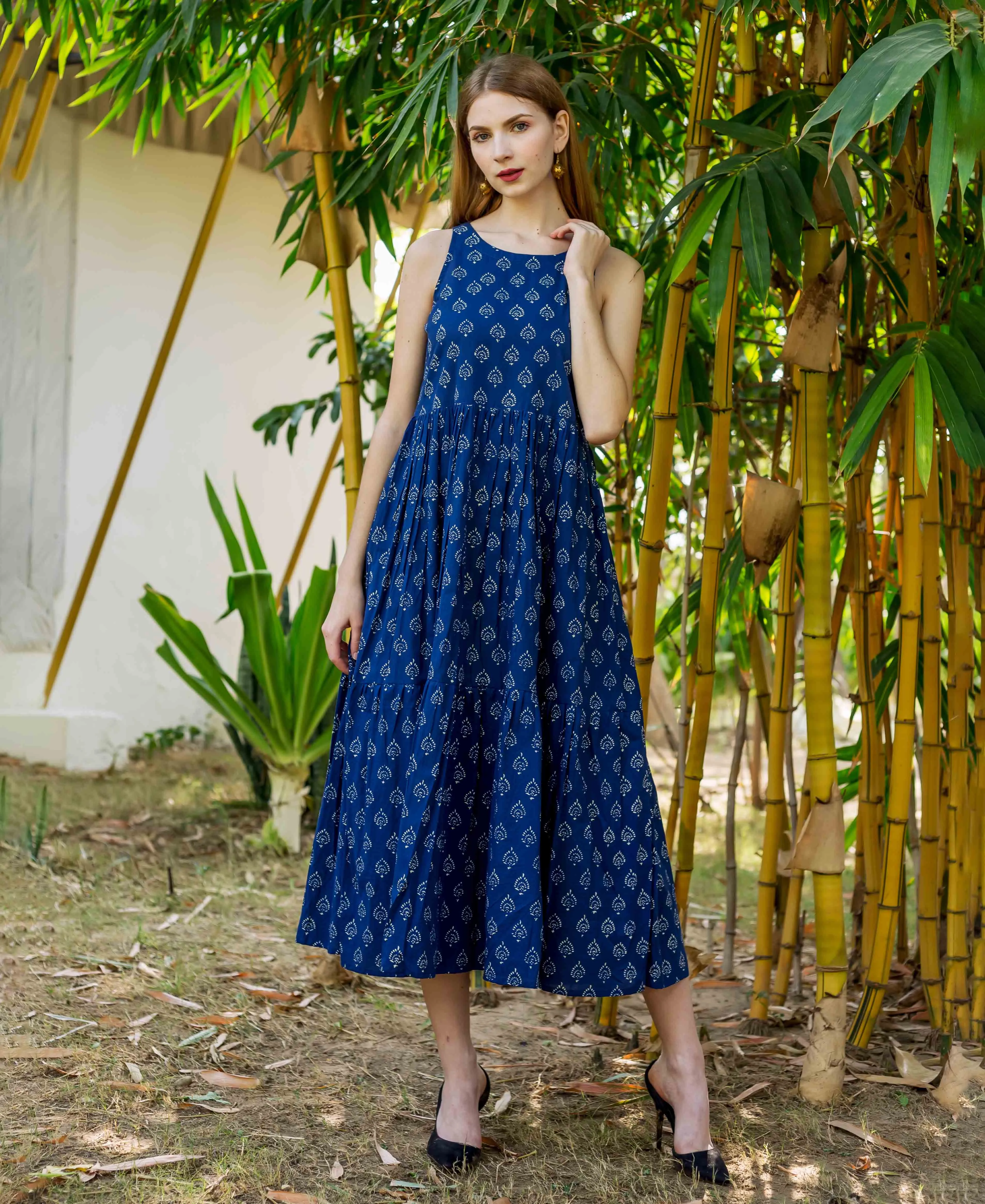 Indigo Hand Block Printed Sleeveless Tiered Dress