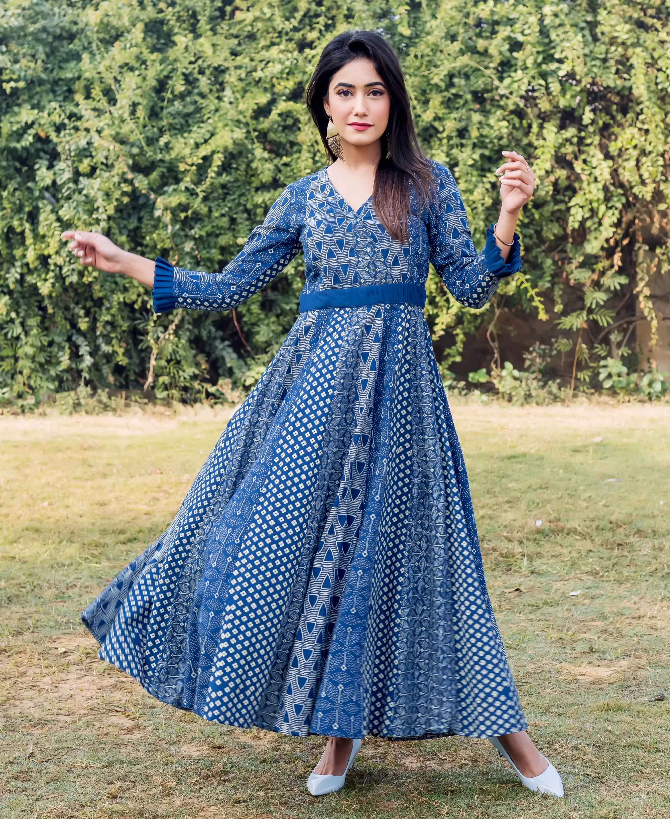 Indigo Multi Hand Block Printed Anarkali Dress