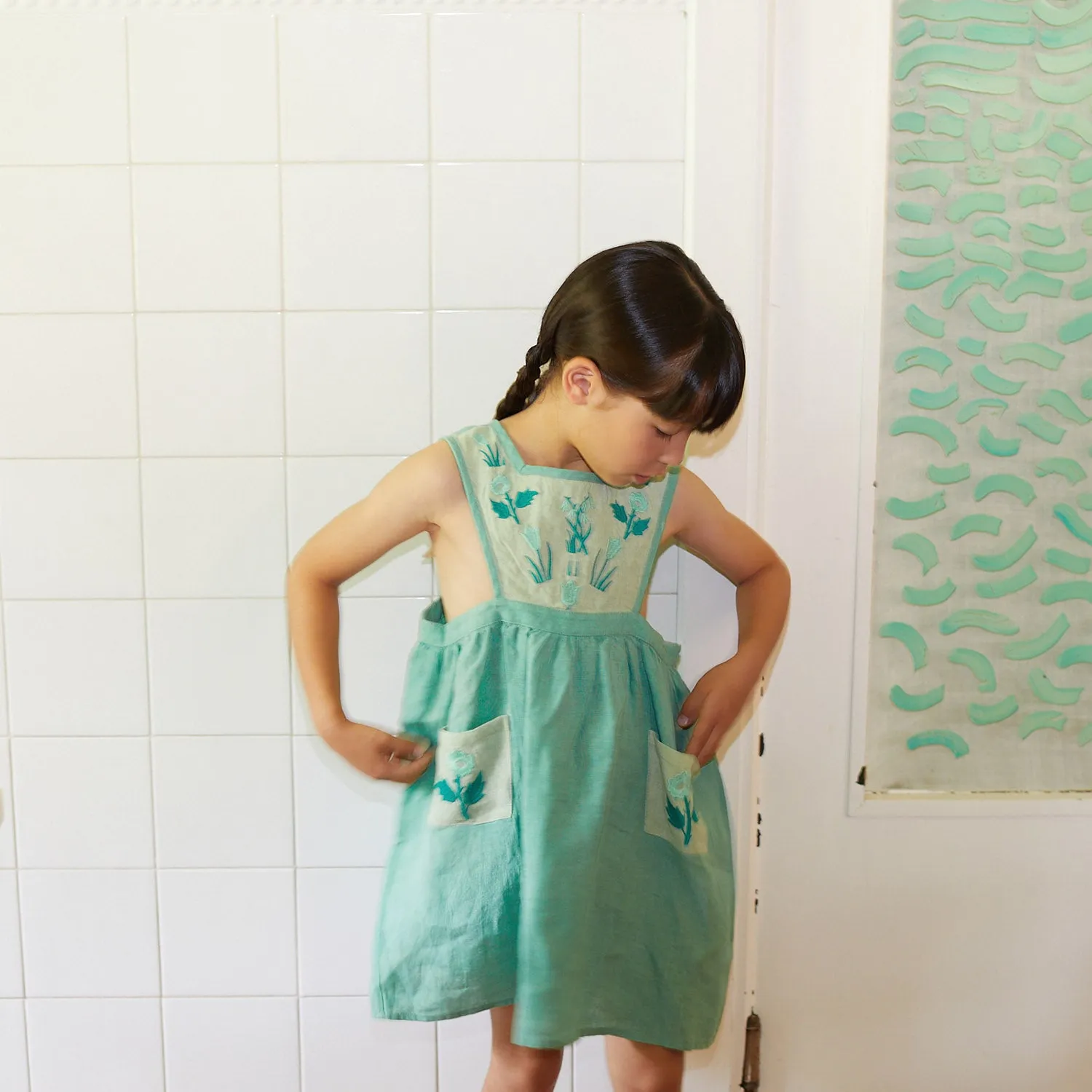 Linen Agnes Pinafore - Seafoam/Mint