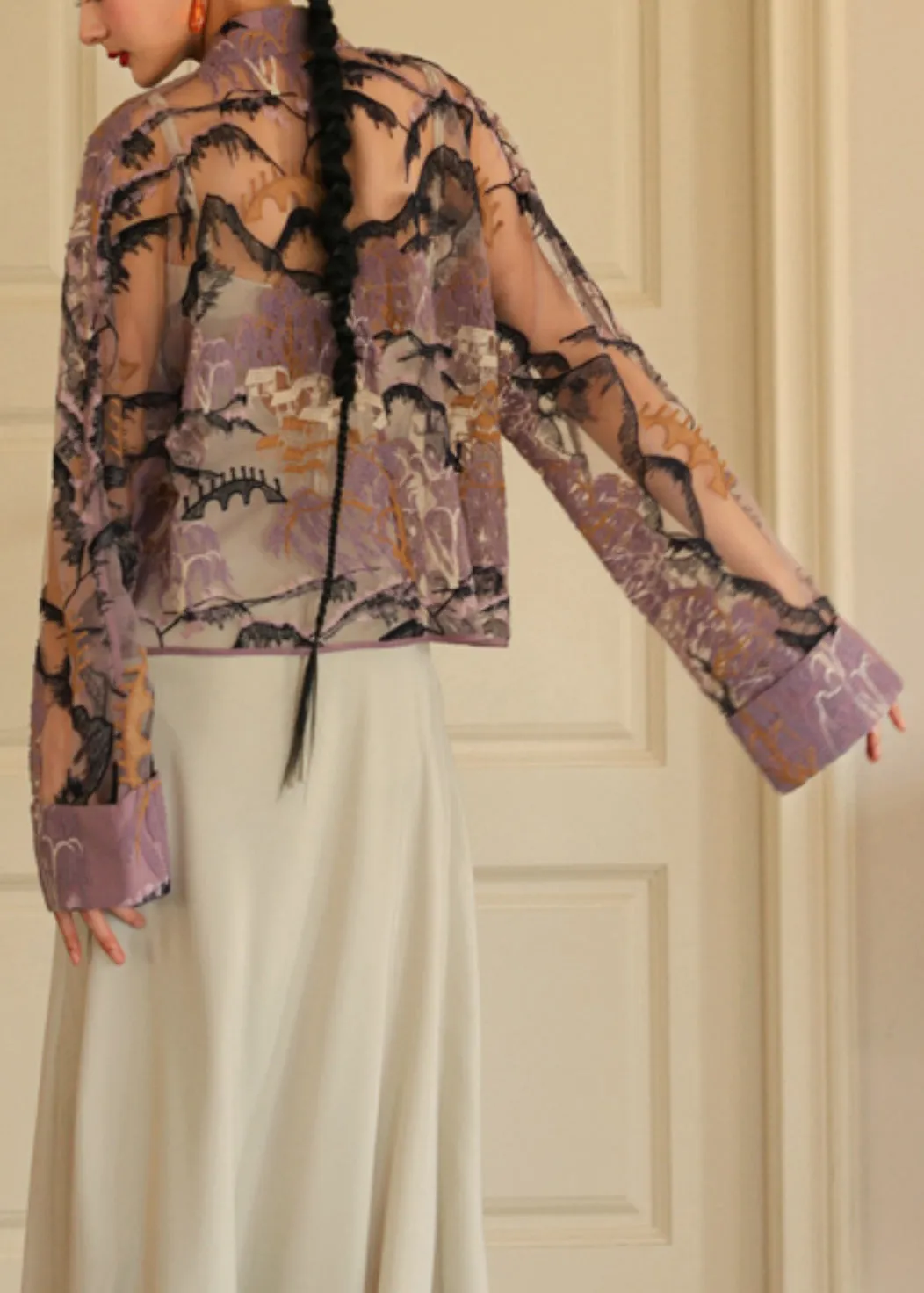 Loose Purple Embroidered Button Tulle Shirt Long Sleeve QA1030