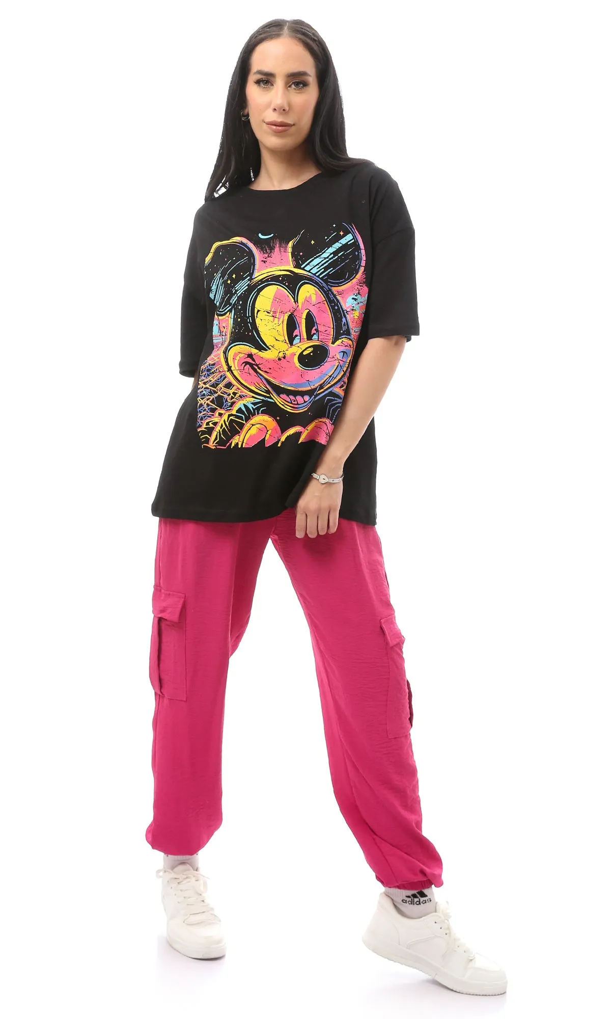 O165819 Colorful Printed Mickey Mouse Black Casual Tee