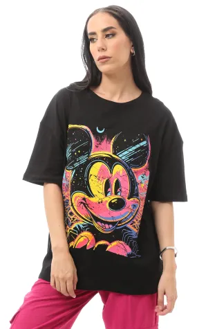 O165819 Colorful Printed Mickey Mouse Black Casual Tee