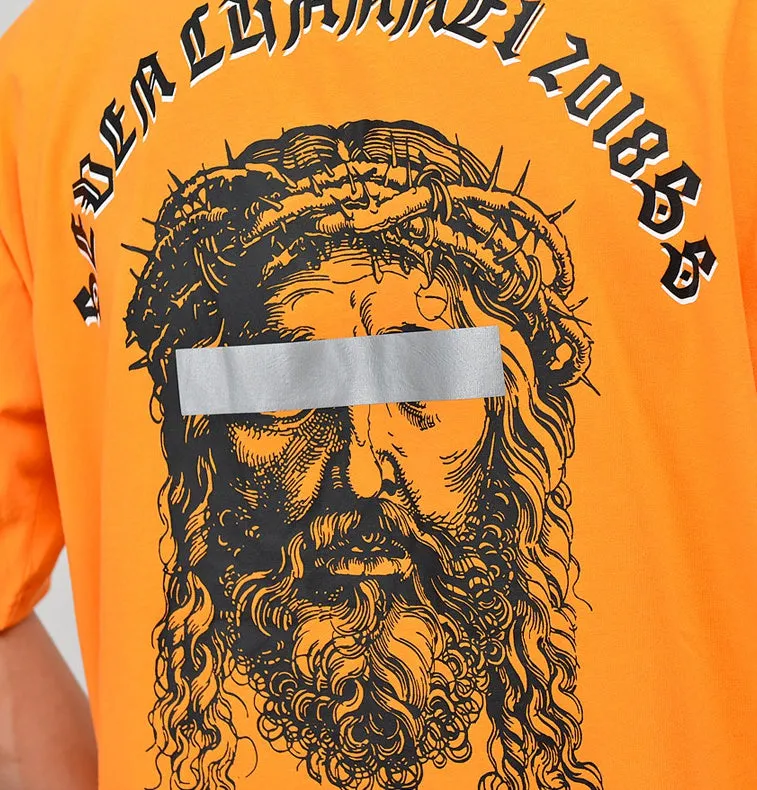 Orange Graphic Short Sleeved T-Shirts Mens Loose Fit Crewneck Tees