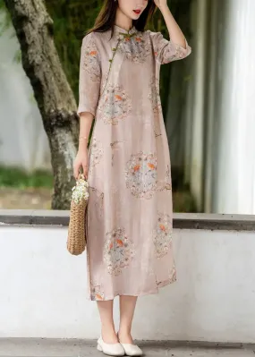 Pink Side Open Print Linen Long Dresses Stand Collar Summer CG1006