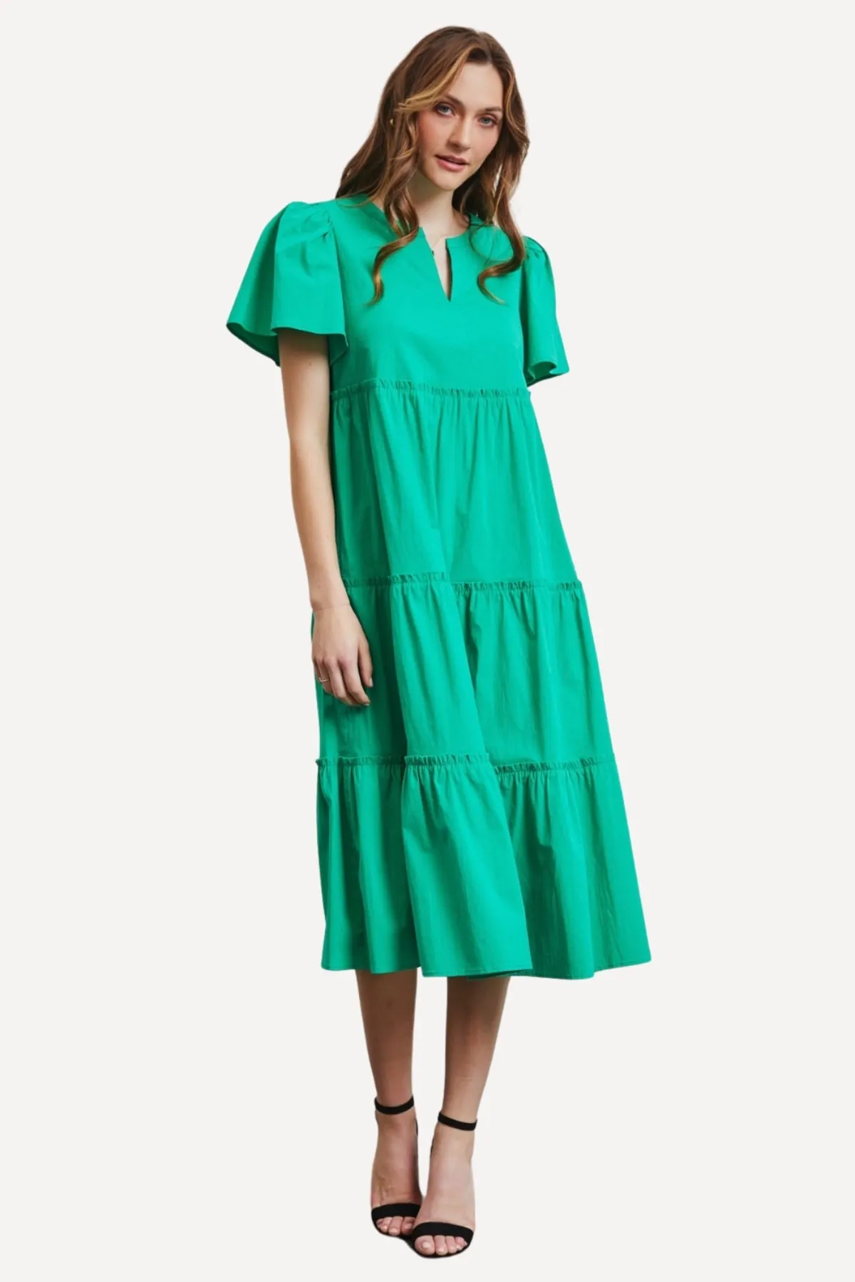 Poplin Tiered Midi Dress - Green