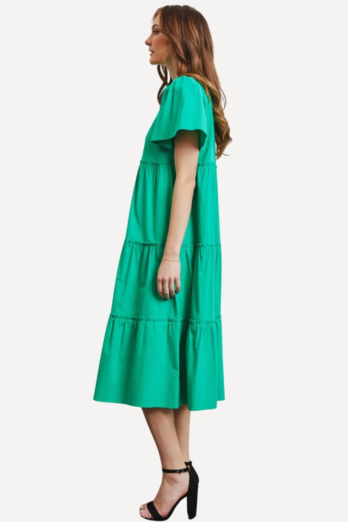 Poplin Tiered Midi Dress - Green