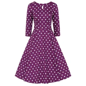 Purple And White Polka Dot 3/4 Sleeve 50s Swing Tea Dress