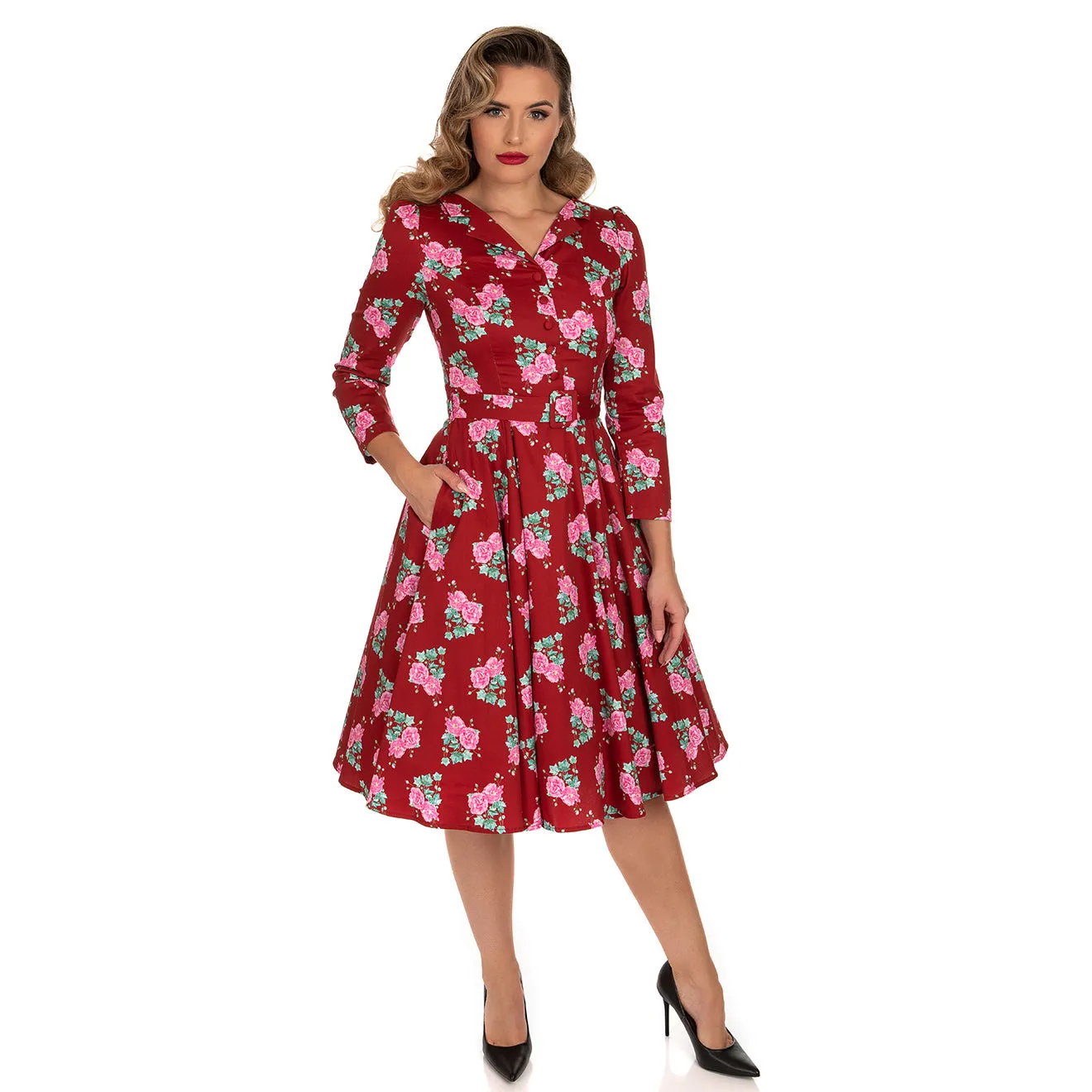 Red Floral 3/4 Sleeve Collar V Neck 50s Swing Tea Dress