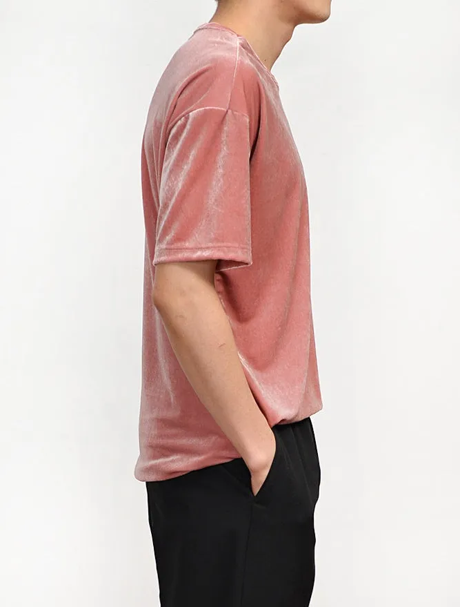 Salmon Pink Velvet Short Sleeved T-Shirts Mens Loose Fit Velour Tees